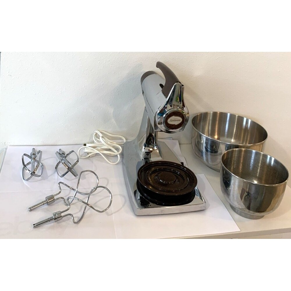 VTG Sunbeam Mixmaster Mixer Brown Chrome Bowls Beaters 1960 w/Retro Cover Works